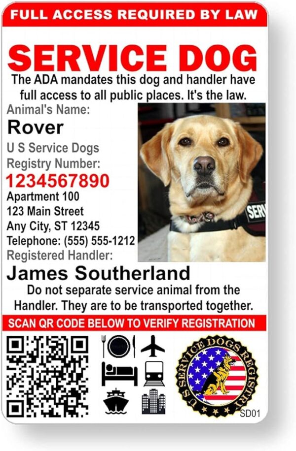 Just 4 Paws Custom Service Dog ID Card with QR Code & Security Seal and Optional Holograph