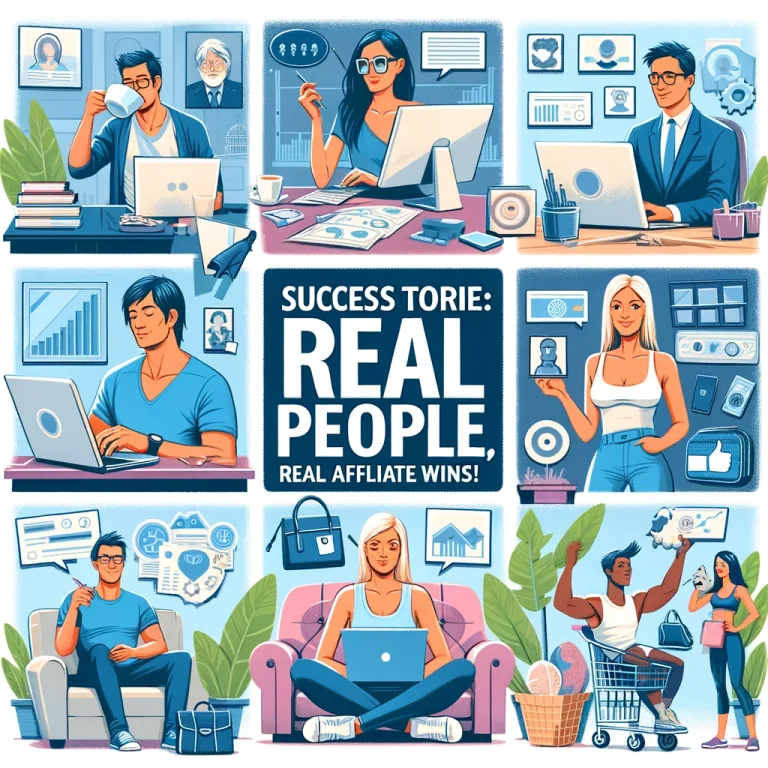 A collage of five individuals representing different affiliate marketing success stories, including a parent blogging, a young entrepreneur, a tech reviewer, a fitness promoter, and a travel blogger.