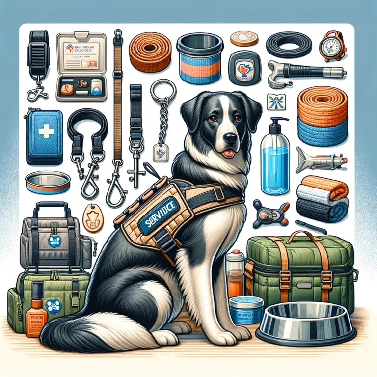 A service dog equipped with various essential accessories, including a customized vest, durable leash and collar, and specialized equipment.