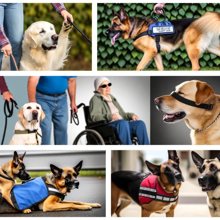 An illustration showing a Golden Retriever guiding a visually impaired person, a Labrador comforting someone with anxiety, and a German Shepherd alerting a diabetic.