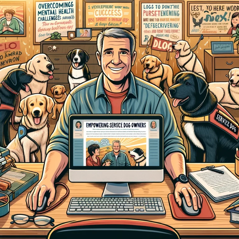 A man in his late 50s, symbolizing the author, happily sitting at a desk with a computer displaying a blog titled 'Empowering Service Dog Owners', surrounded by various service dogs in training.