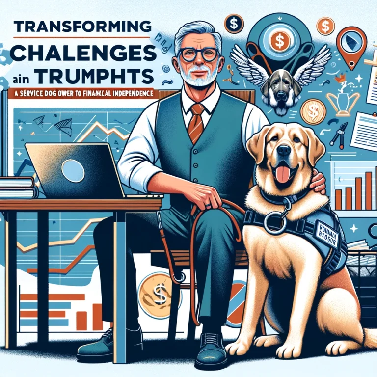 An illustration showing a man in his late 50s at a desk with a laptop displaying financial graphs, accompanied by a service dog in a training vest, symbolizing companionship and support. The background is filled with symbols of financial independence and elements of service dog training.