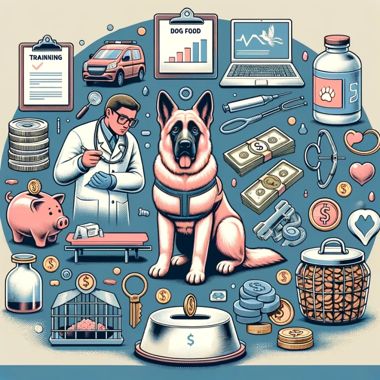 An illustration showing the various costs of owning a service dog, including training equipment, veterinary care, dog food, grooming supplies, and a symbol for budgeting.