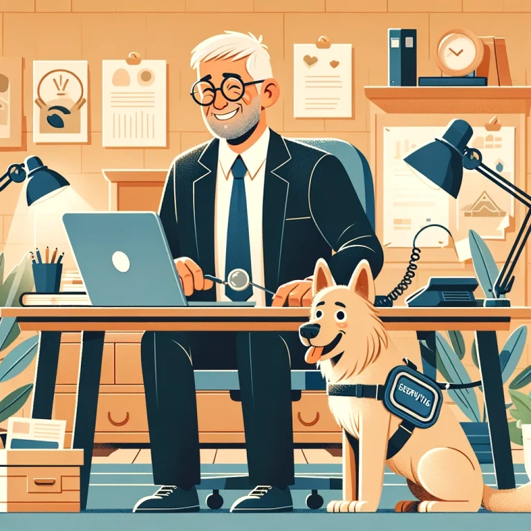 A cheerful man in his late 50s, symbolizing the author, working in a home office with a laptop, phone, and business documents. A service dog is beside him, providing assistance and emotional support in an inviting and warm office environment.