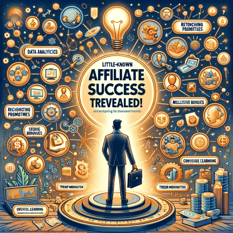 An illustration showing a marketer surrounded by various symbols representing advanced affiliate marketing strategies like data analytics, micro-influencers, and SEO.