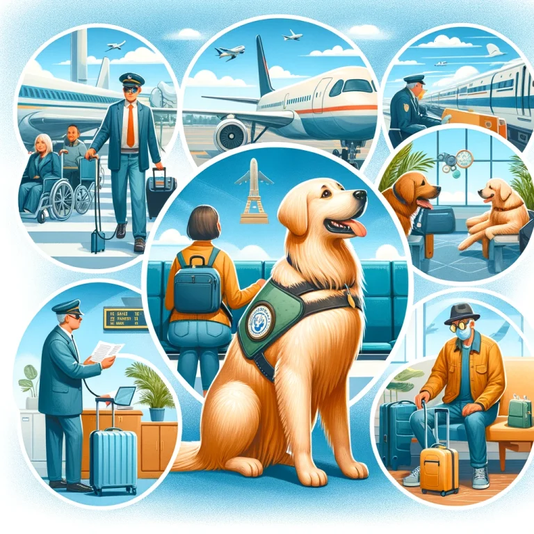 Image of a service dog accompanying a traveler through various settings like an airport, on public transport, and in a hotel, demonstrating stress-free travel.