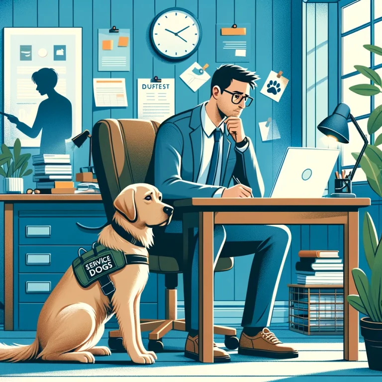 An illustration of an entrepreneur in a home office looking stressed, with a service dog beside them providing comfort. The office includes a laptop, cluttered desk, and documents, symbolizing a busy work environment.