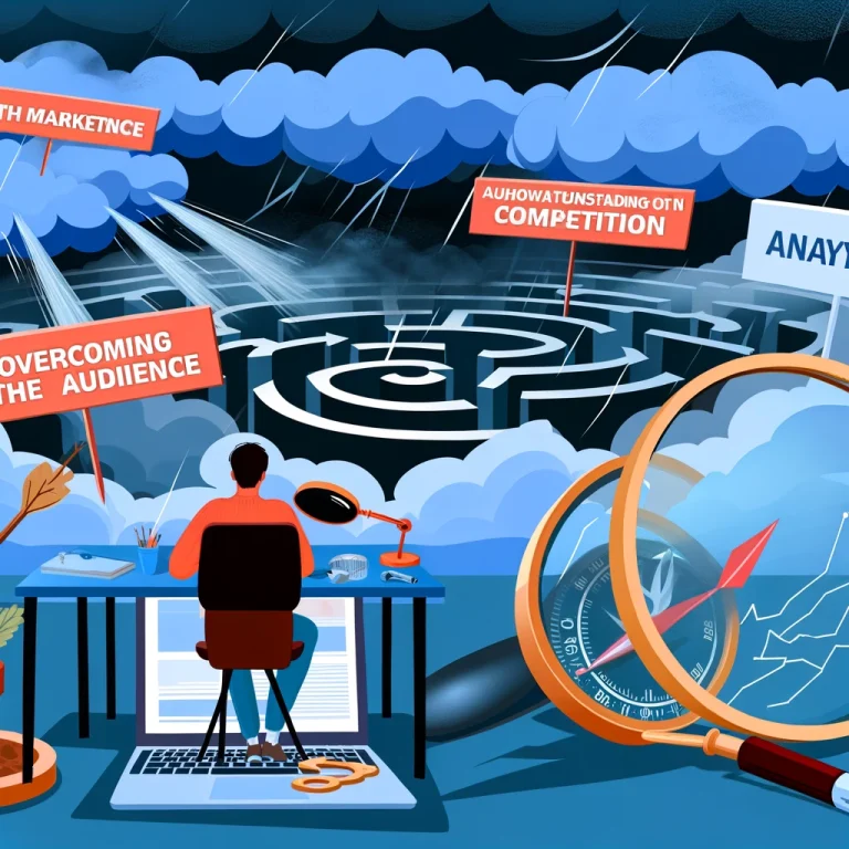 A marketer at a desk, encircled by challenges like a maze and stormy clouds, using tools like a magnifying glass and a laptop displaying analytics.