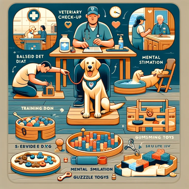 An image depicting various aspects of service dog care including a vet check-up, balanced diet, training, mental stimulation activities, grooming, and a comfortable resting area.