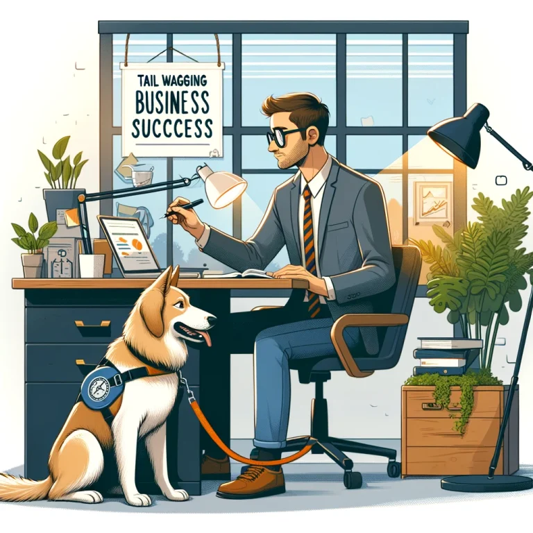 An entrepreneur focused on work at their desk, with a service dog by their side, in a bright and inspiring home office setting. The service dog is attentively watching or resting its head on the entrepreneur's lap.