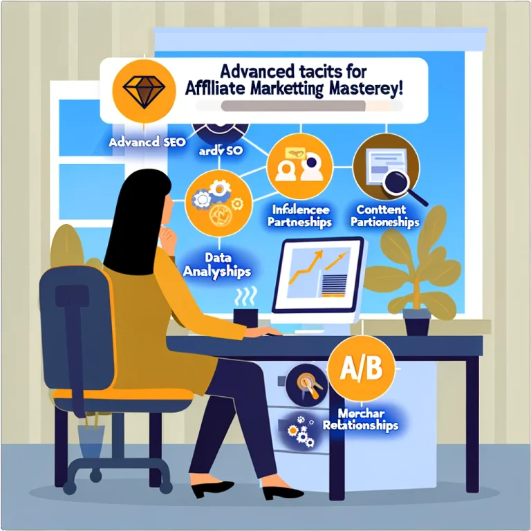 An illustration showing a marketer at a computer, with icons representing SEO, influencer partnerships, data analysis, and diverse affiliate strategies.