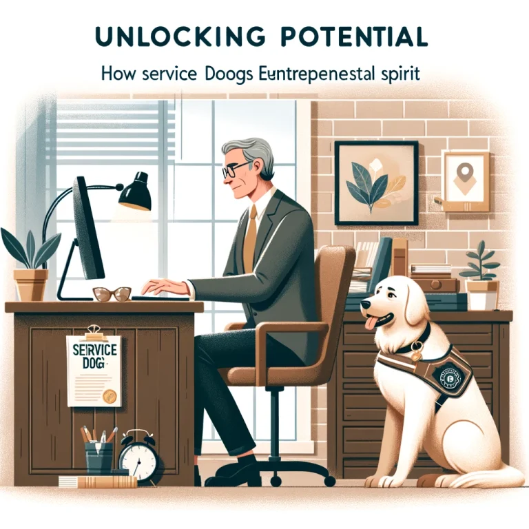 An illustration of an entrepreneur in their late 50s focused on work at a computer in a home office setting, with a service dog providing emotional support beside them. The desk displays an open e-book titled 'Empowering Service Dog Owners'.