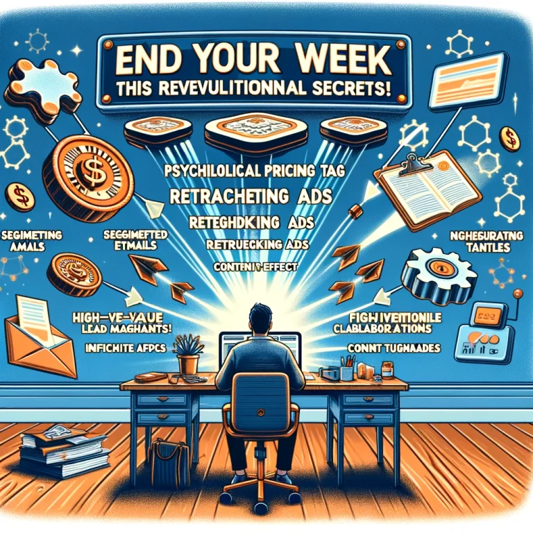 A detailed illustration showing a marketer at a desk, surrounded by various innovative affiliate marketing strategies like psychological pricing, segmented emails, and influencer collaborations.