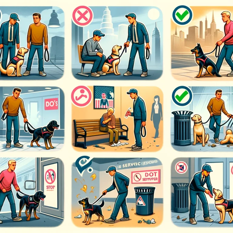 Image showing the do's and don'ts of handling a service dog in public, including proper leashing and attention to behavior.