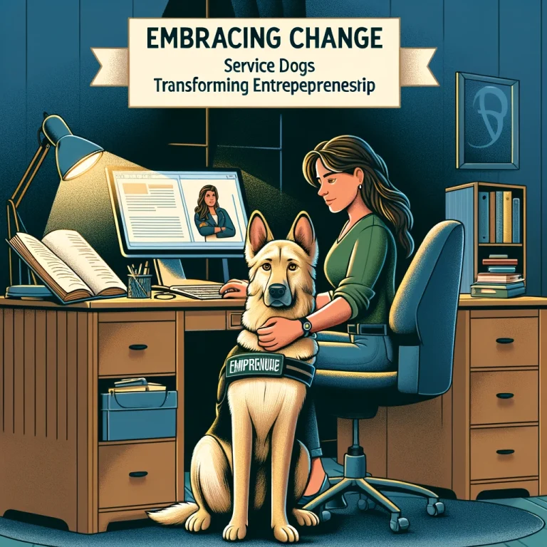 An illustration of an entrepreneur working in a home office with a service dog beside them, symbolizing the journey in affiliate marketing and overcoming mental health challenges.