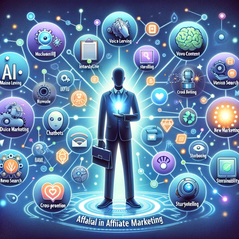 A dynamic illustration showcasing a marketer surrounded by icons representing AI, machine learning, interactive content, voice search, chatbots, video marketing, storytelling, and new social media platforms.