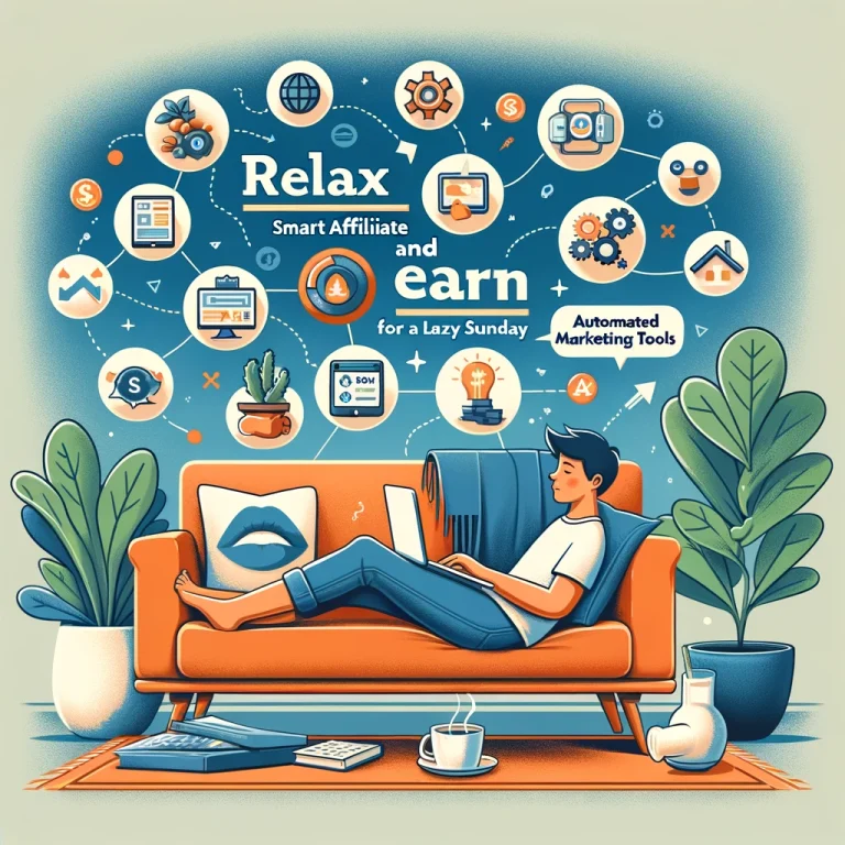 A relaxed individual in a cozy setting, working on a laptop surrounded by icons symbolizing passive income, automated marketing, SEO, and social media scheduling.