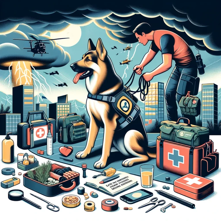 Image of a service dog and handler equipped for emergencies, including a first-aid kit, extra supplies, and practicing safety drills.