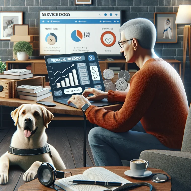 Photorealistic image of a man in his late 50s working on a laptop in a home office, with affiliate marketing statistics on the screen and a service dog beside him.