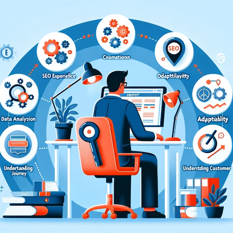 An illustration showing a marketer at a desk, surrounded by icons representing key affiliate marketing skills like SEO, content creation, data analysis, and networking.