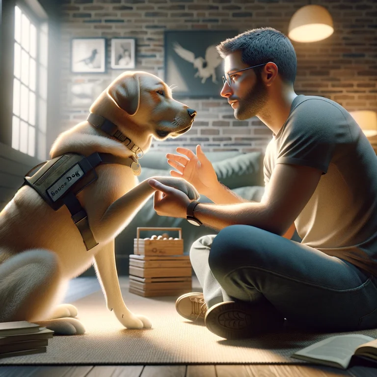 A photorealistic image depicting a service dog and handler in various bonding activities, including training, walks, and affectionate interactions