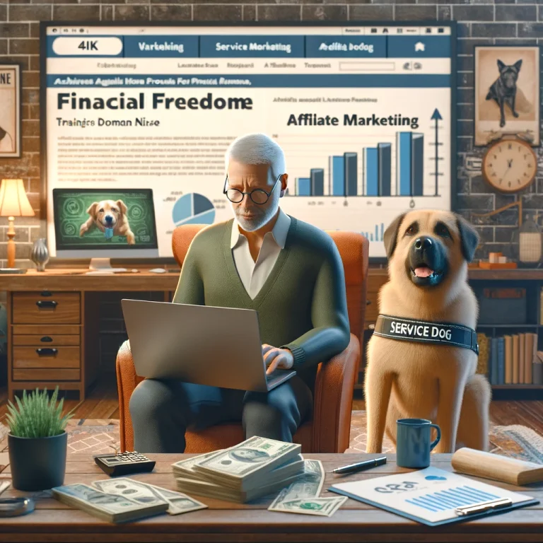 A 4K photorealistic image of a man in his late 50s working on a laptop in a home office, with a service dog beside him and marketing statistics on the screen.