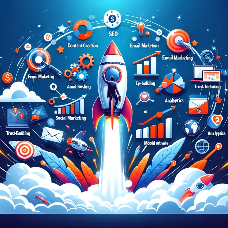 An illustration showing a marketer with a rocket, symbolizing rapid earnings growth, surrounded by icons for SEO, content creation, email marketing, and more.