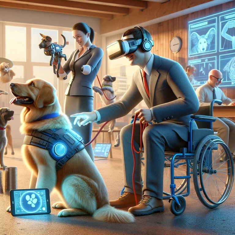 Image showcasing innovative service dog training methods in 2024, including VR technology, tailored sessions, and interaction with robotics.