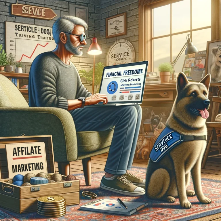 Photorealistic image of Chris Roberts, a man in his late 50s, working on a laptop in a home office, surrounded by service dog training materials with a service dog by his side.