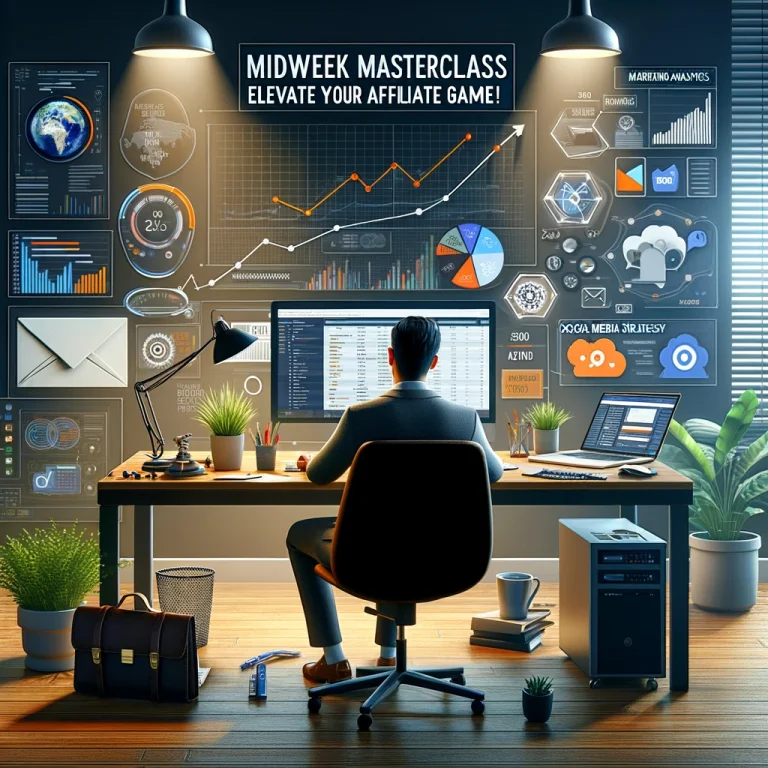 A photorealistic image of a marketer at a modern workspace, deeply engaged in SEO analysis on a computer, with tools for marketing analytics and social media strategies.