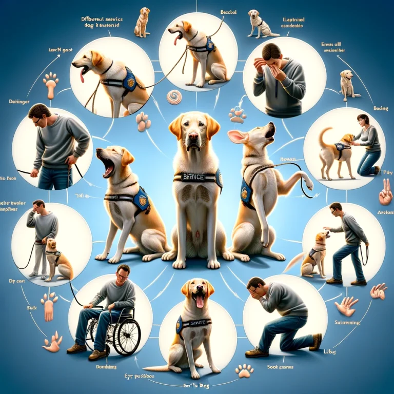 A photorealistic image showing a service dog exhibiting various behaviors like tail wagging, eye contact, and signs of stress, interacting with its handler.