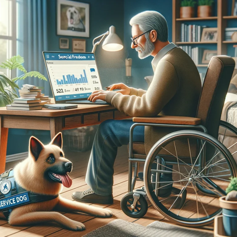 Photorealistic image of Chris Roberts, a man in his late 50s, working on a laptop in his home office, surrounded by service dog training materials and accompanied by a service dog.