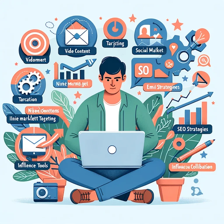 Illustration of a marketer at a laptop with icons representing video content, niche marketing, social media, email strategies, SEO, and community building.