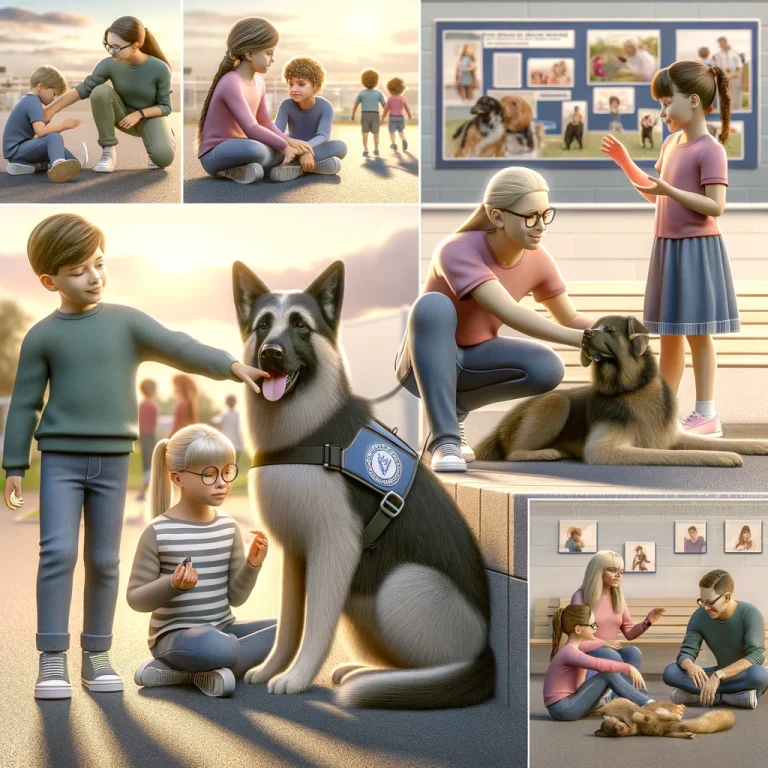 Photorealistic image showing children gently interacting with a service dog, with supervision and in a safe, respectful environment.