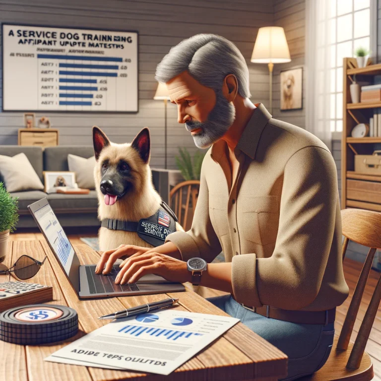 Photorealistic image of Chris Roberts, a man in his late 50s, working on a laptop in his home office surrounded by service dog training materials, with a service dog nearby, symbolizing his focus on ServicePupSolutions.com.