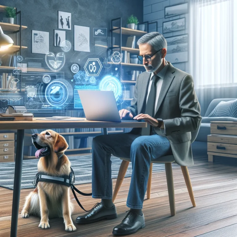 Photorealistic image of a man in his late 50s working on digital marketing in a home office, surrounded by service dog training materials, with a service dog nearby.