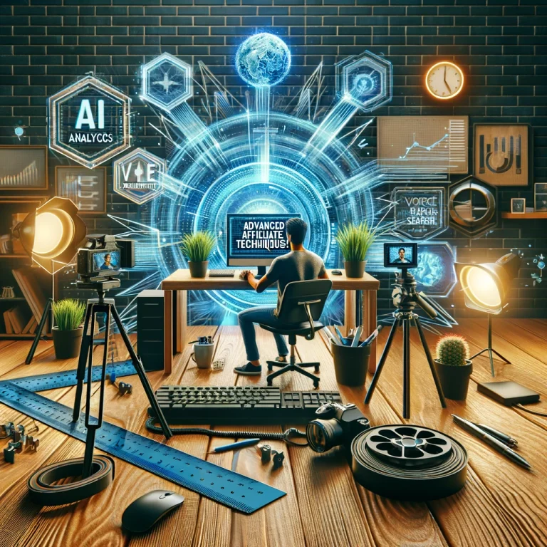 A photorealistic image of a marketer's workspace, equipped with AI analytics on a computer, video marketing gear, voice search devices, and influencer collaboration tools.