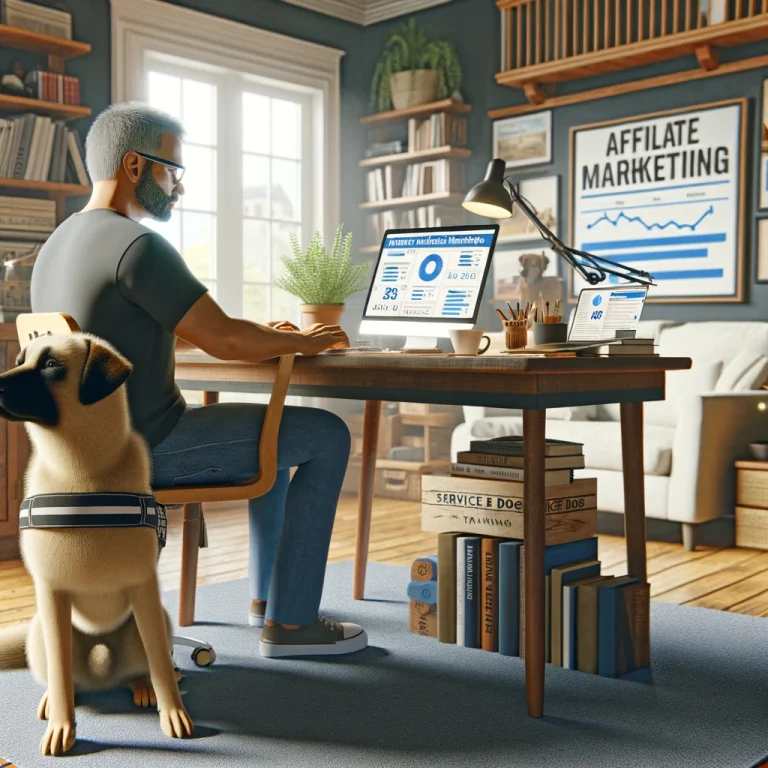 Photorealistic image of a man in his late 50s, Chris Roberts, working in a home office on digital marketing. The office displays a laptop with affiliate marketing analytics, service dog training materials, and a service dog, symbolizing his journey of overcoming disabilities and finding success in digital marketing.