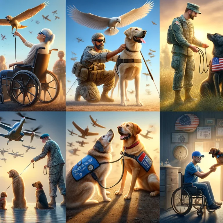 Photorealistic image showcasing service dogs in various roles: guiding the visually impaired, assisting a PTSD veteran, alerting a diabetic, and supporting an autistic child.