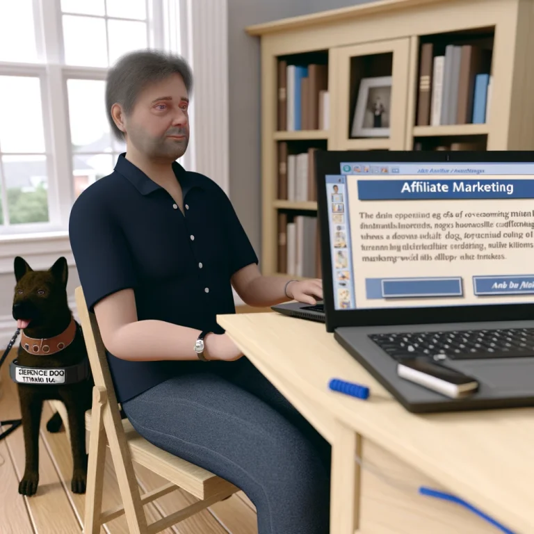 Photorealistic image of a man in his late 50s working in a home office with a laptop, surrounded by service dog training materials, and a service dog by his side, symbolizing his success in overcoming mental health challenges through affiliate marketing.