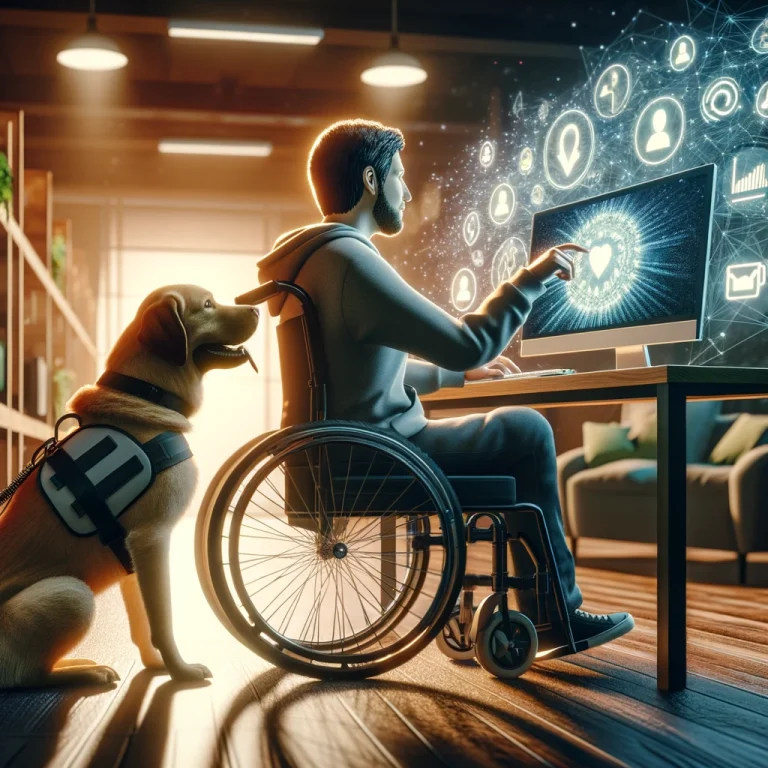 Person with disability working on digital marketing at a computer with a loyal service dog beside them, symbolizing independence and empowerment.