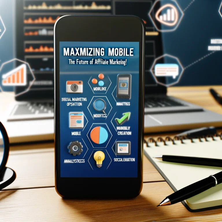 Photorealistic image showcasing a digital marketing workspace with a focus on mobile optimization, featuring a smartphone displaying analytics and social media apps