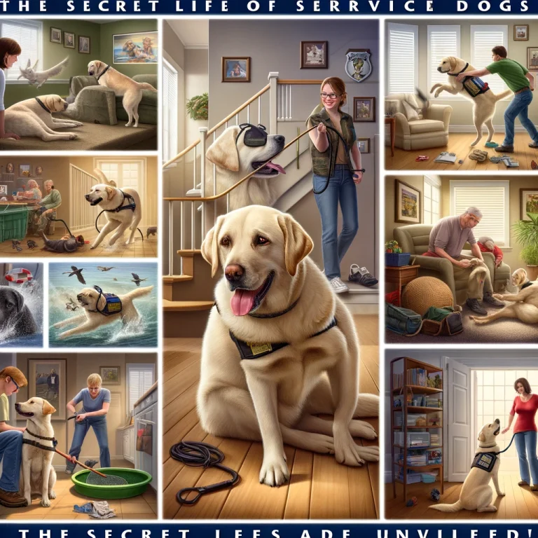 Photorealistic image showcasing a service dog's life beyond work, including playing, resting at home, and interacting with family.