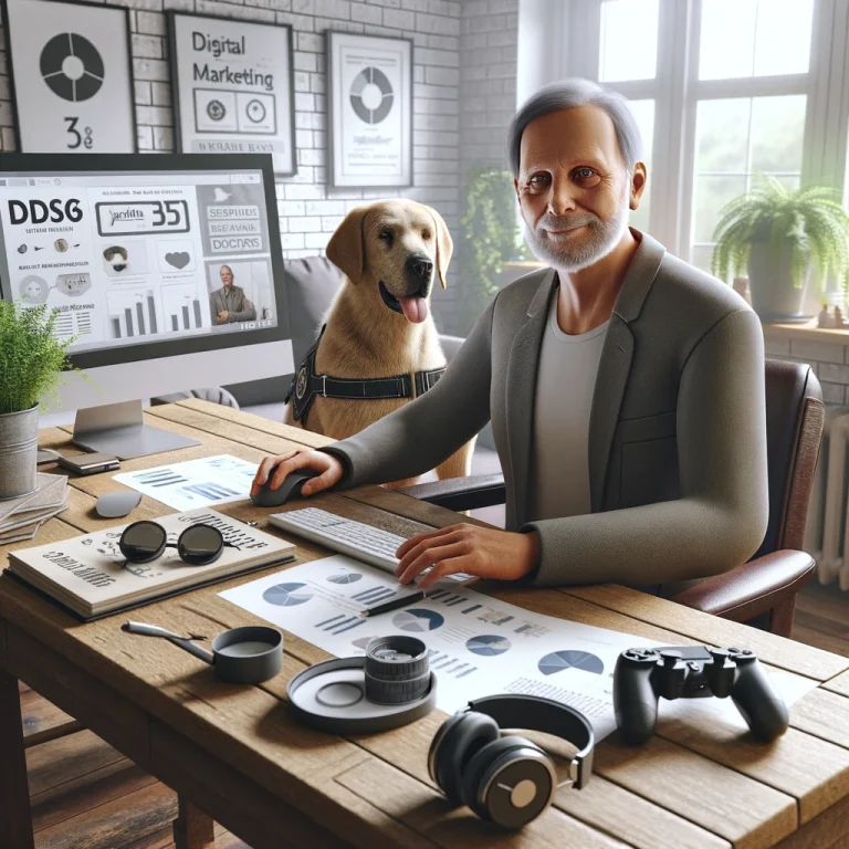 Photorealistic image of a man in his late 50s, working on a laptop in a home office surrounded by service dog training materials, with a service dog nearby, illustrating his journey in overcoming disabilities and achieving success in digital marketing.