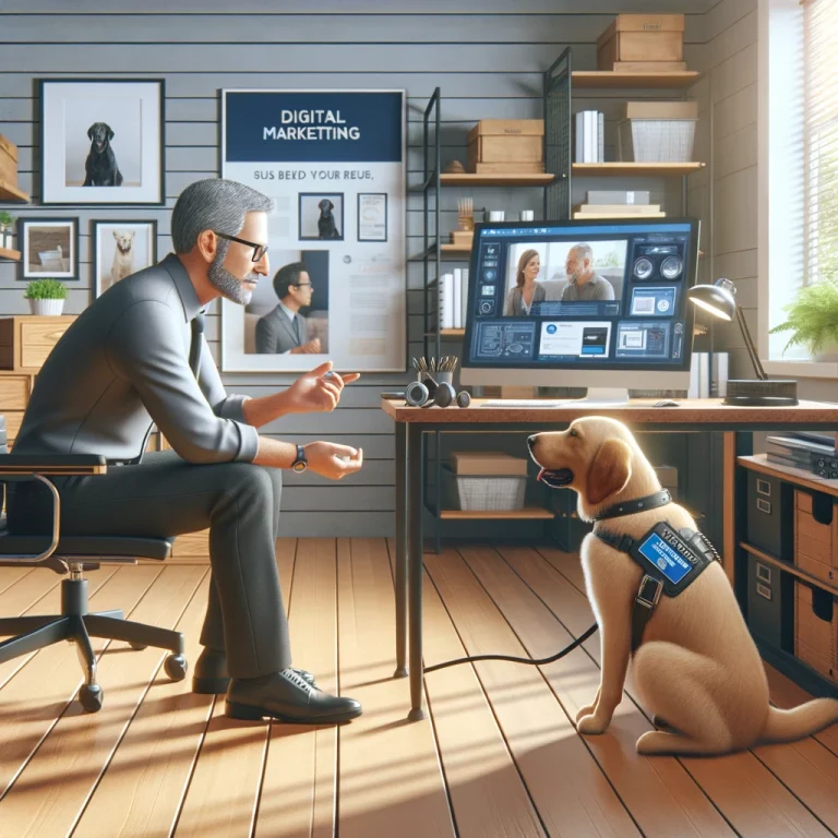 Photorealistic image of Chris Roberts in his late 50s, in a home office, coaching on digital marketing with a service dog by his side.