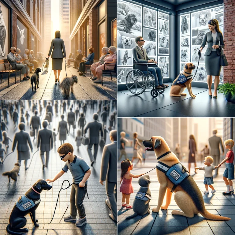 Photorealistic image showing a service dog guiding a visually impaired person, a respectful interaction request, navigation in a crowded area, and children learning about service dog etiquette.