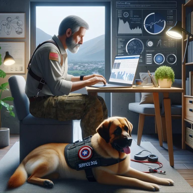 Photorealistic image of Chris Roberts, a man in his late 50s, focused on his laptop in a home office, surrounded by digital marketing analytics and service dog training materials, with a service dog nearby, symbolizing his triumph over anxiety through affiliate marketing.