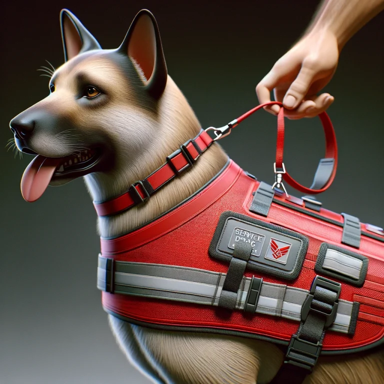 A photorealistic image of a service dog wearing a red service dog vest, showcasing features like reflective strips, pockets, and a sturdy handle for functionality and visibility.