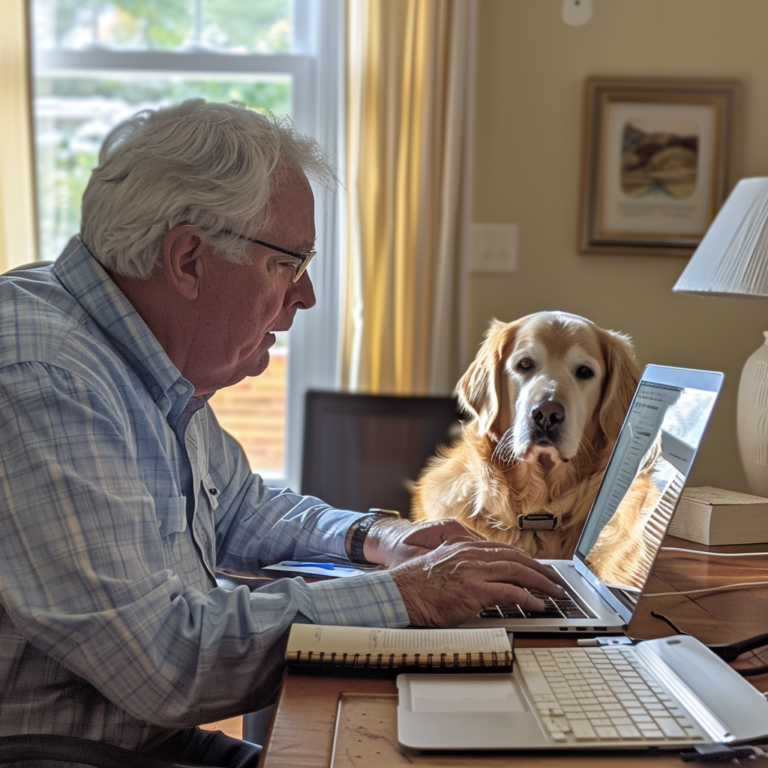 A man in his late 50s with white hair works on a laptop at a home office desk, accompanied by his attentive golden retriever service dog.