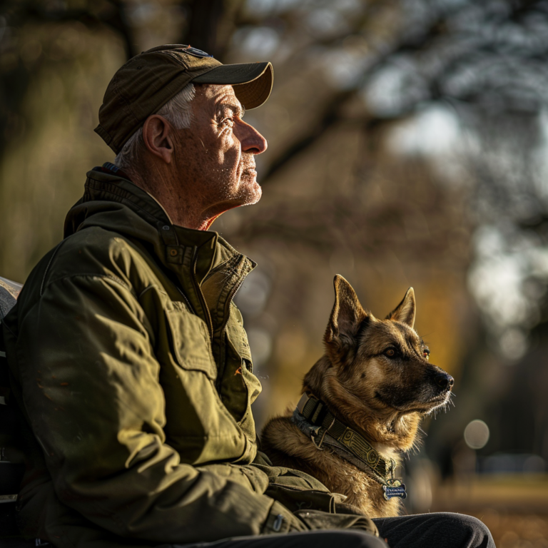 An elderly man and his German Shepherd service dog sitting side by side on a park bench, gazing into the distance.